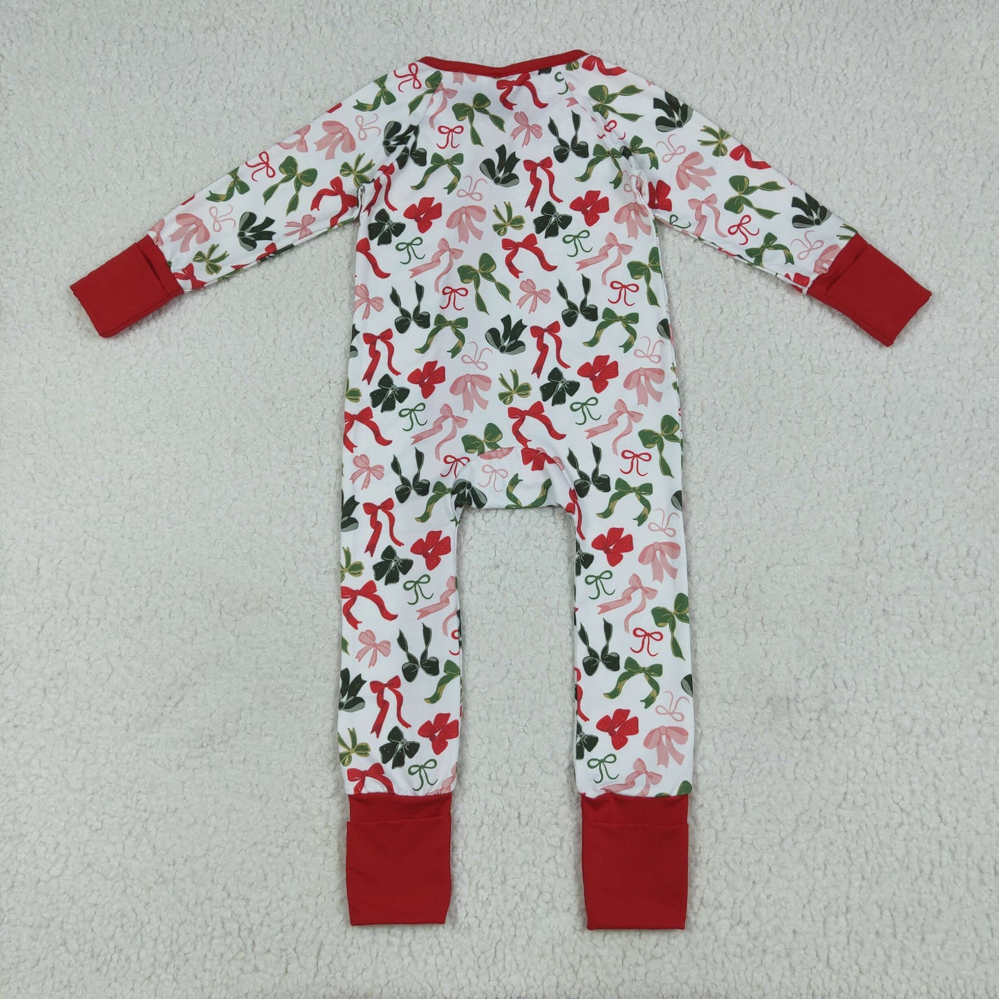 LR2203 Baby Girls Christmas Bow Long Sleeve Zip Footie Romper