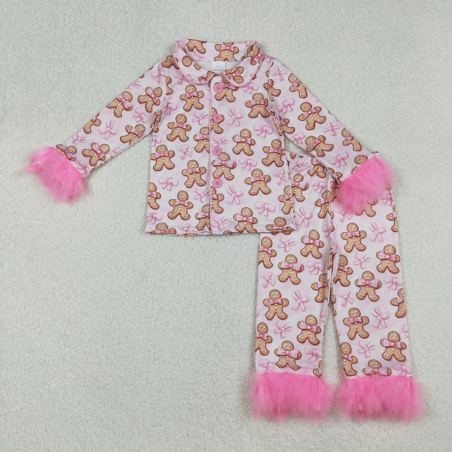 Baby Girls Christmas Gingerbread Pink Bow Long Sleeve Button Pajama Set With Fur