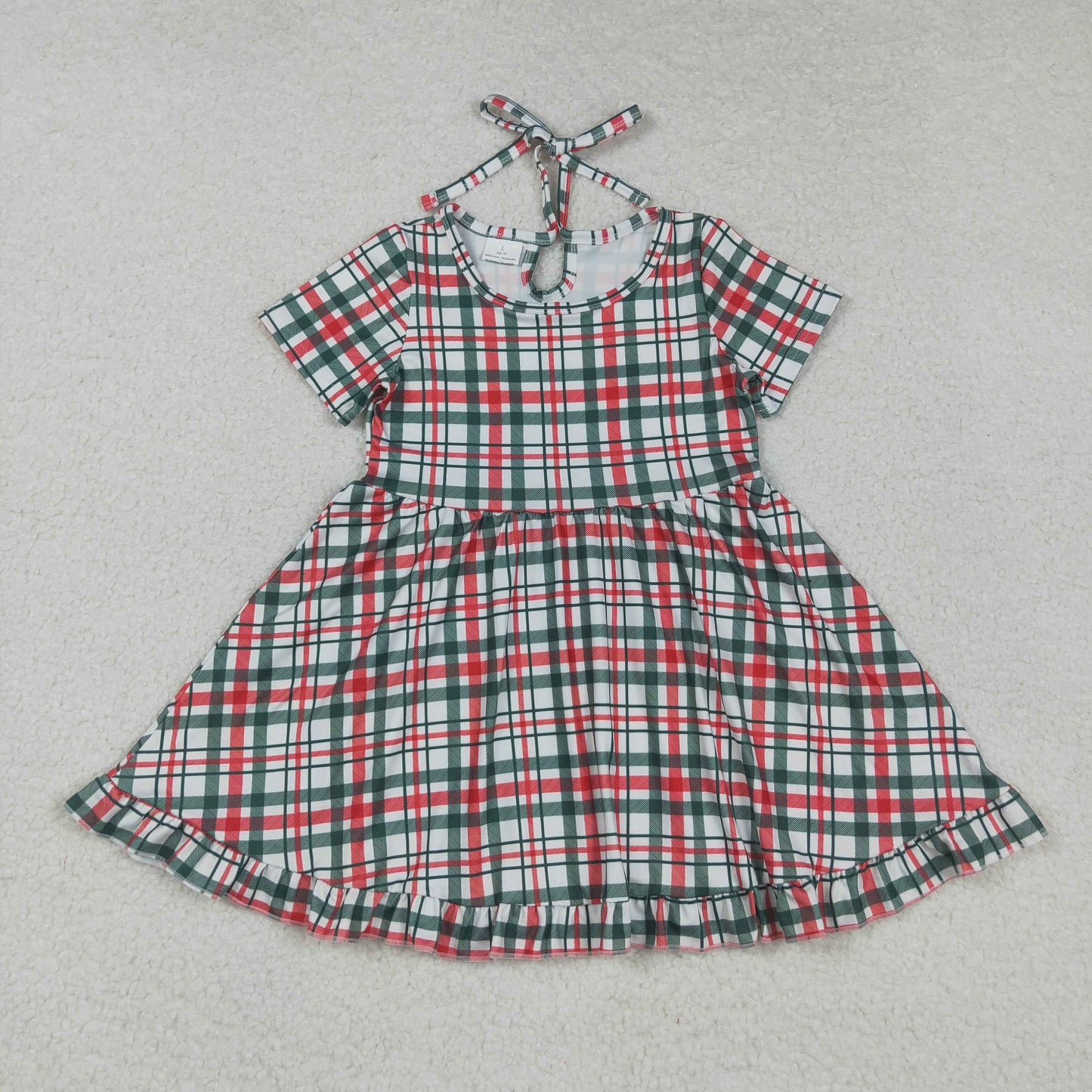 GSD2613 KIds Girls Green Red Plaid Short Sleeve Dress