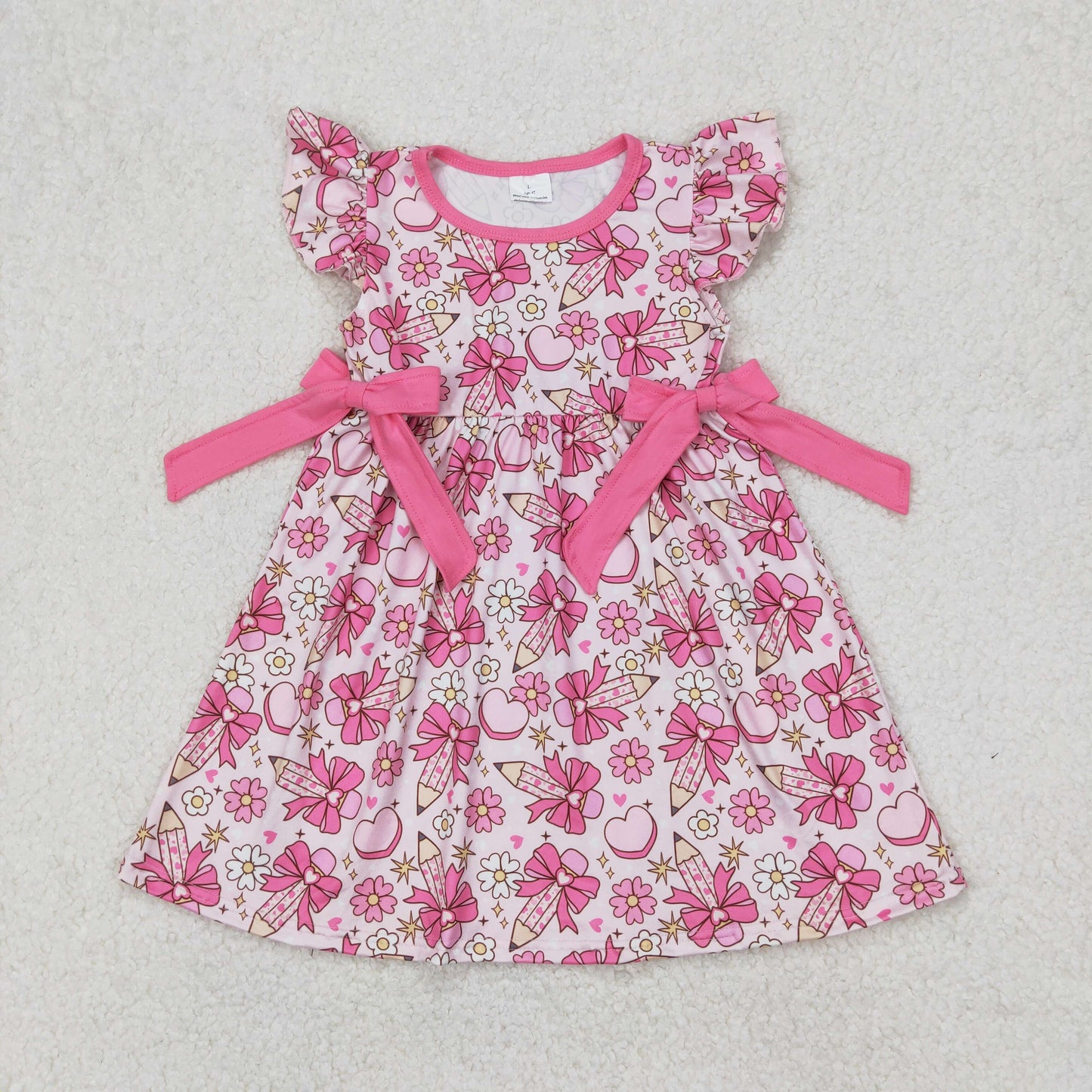 Baby Girls Hot Pink Flutter Sleeves Bows Pencils Floral Dresses