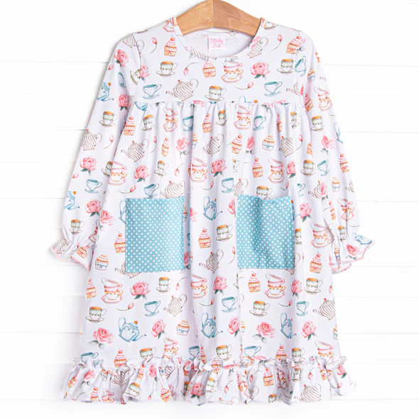 Baby Girls Long Sleeve Cups Cake Plaid Polka Dots Pockets Dress Preorder 5 MOQ