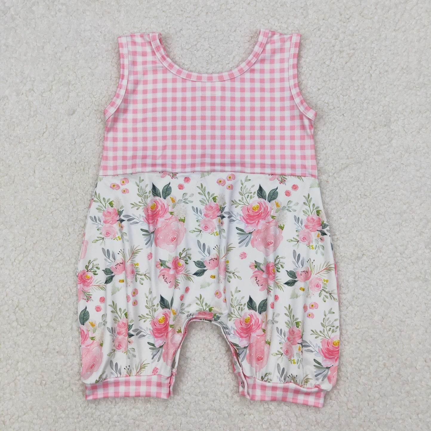 Baby Girls Pink Plaid Sleeveless Floral Print Rompers
