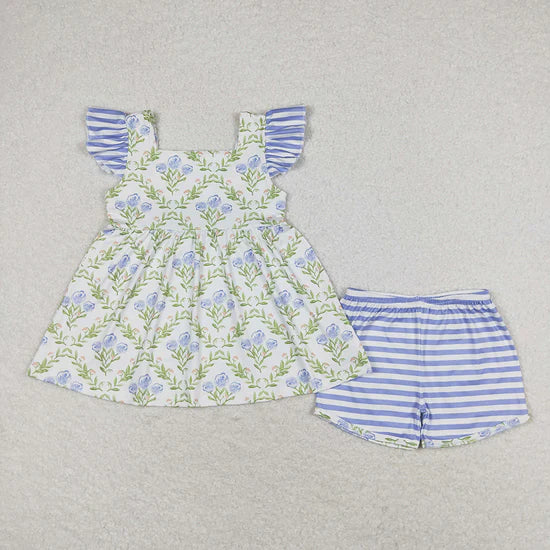 Baby Girls Blue Stripe Flutter Sleeves Floral Print Tunic Shorts Sets