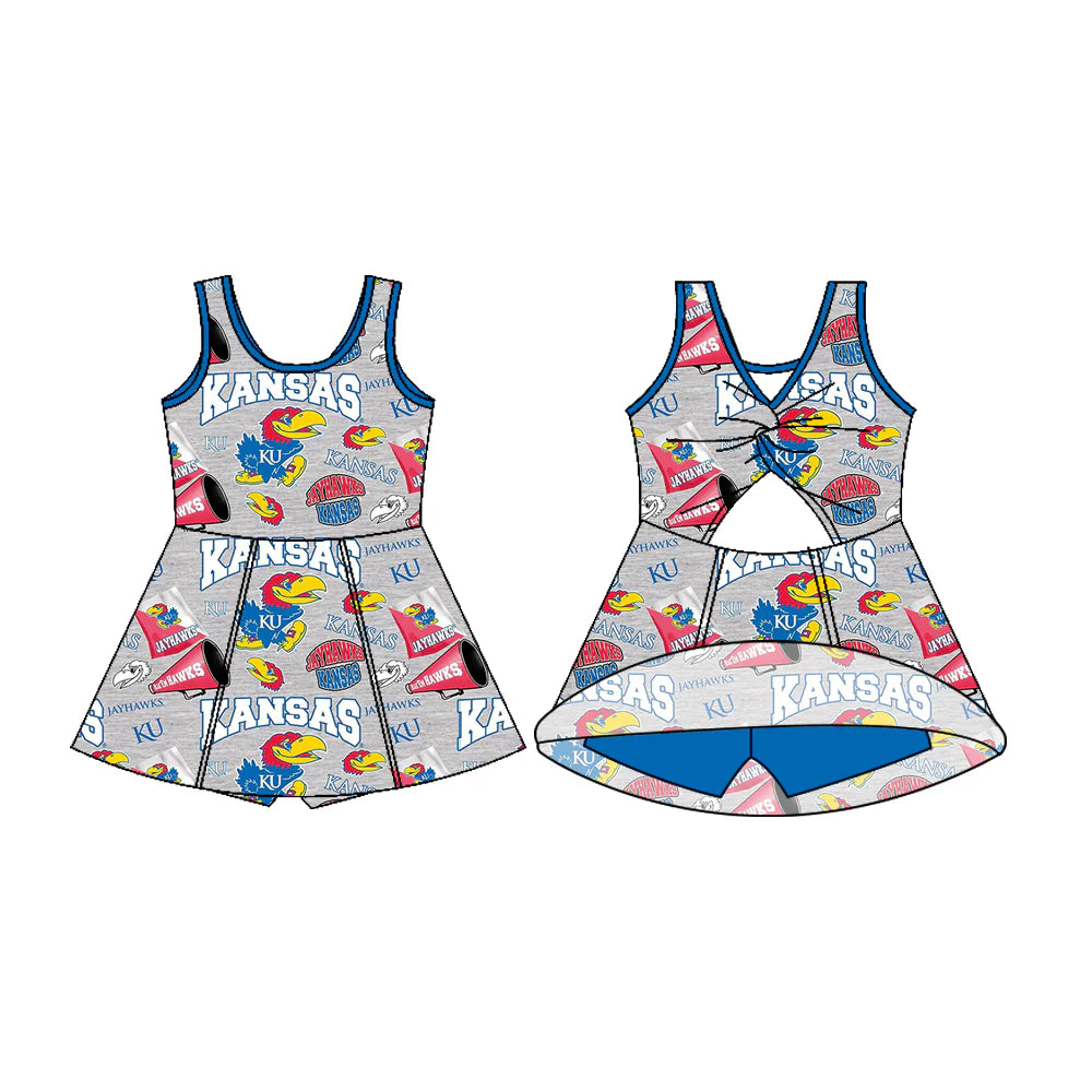 Preorder 5 MOQ, Baby Girls Sleeveless Kansas Bows Shorts Team Knee Length Dresses