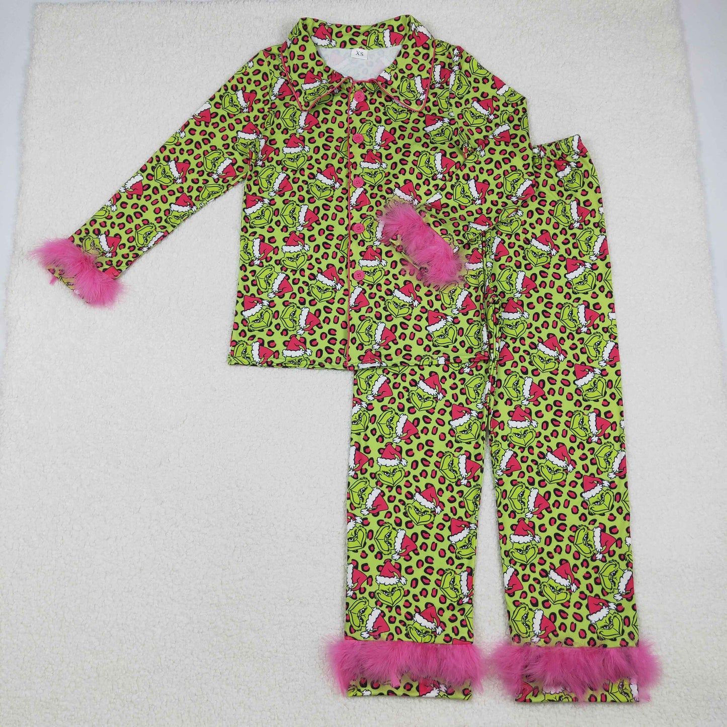 Adult Women Christmas Grinc Green Leoaprd Buttons Pajama Set With Fur