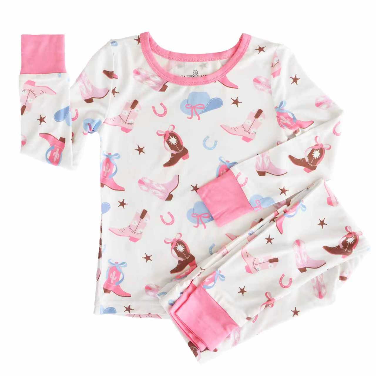Preorder , 5 MOQ , Baby Girls Western Boots Long Sleeve Pajama Set