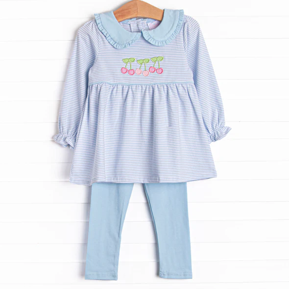 Baby Girls Cherry Blue Striped Top Blue Leggings Set 5 MOQ Preorder