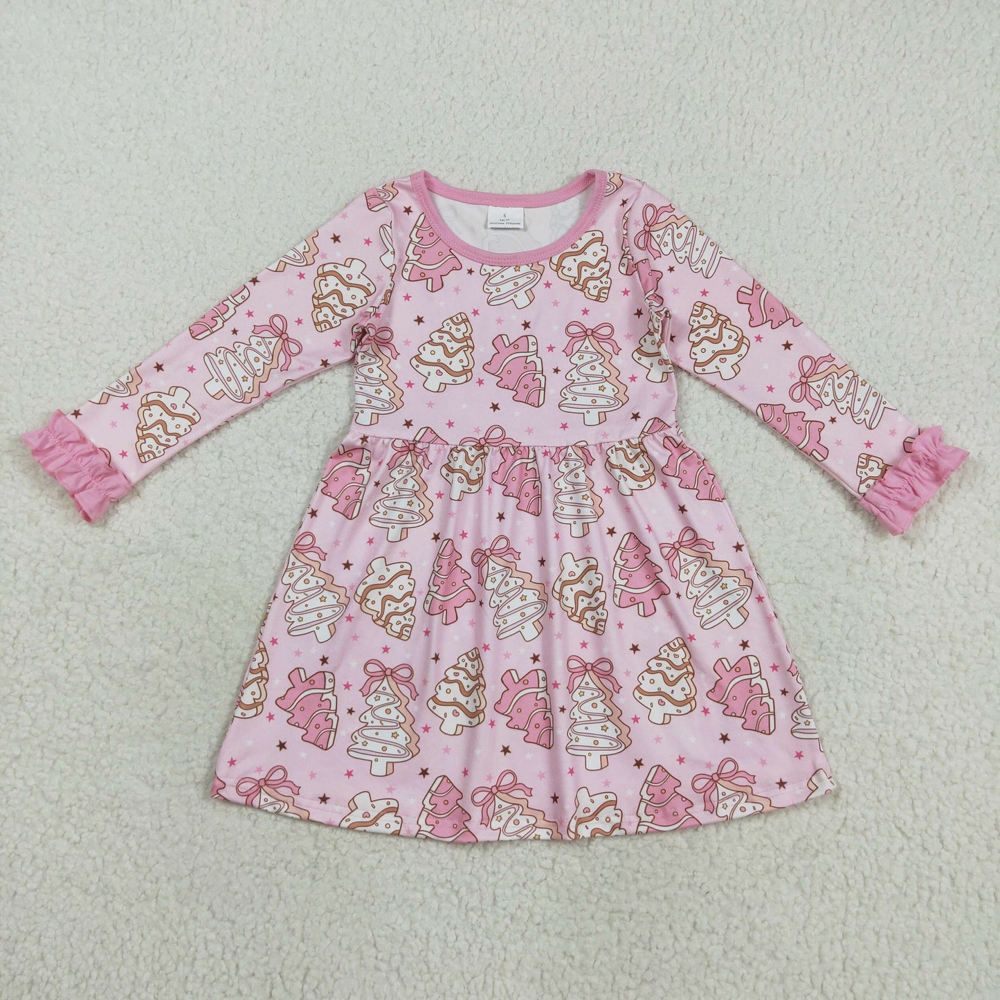 GLD1124 Baby Girls Christmas Tree Cake Pink Long Sleeve Dress