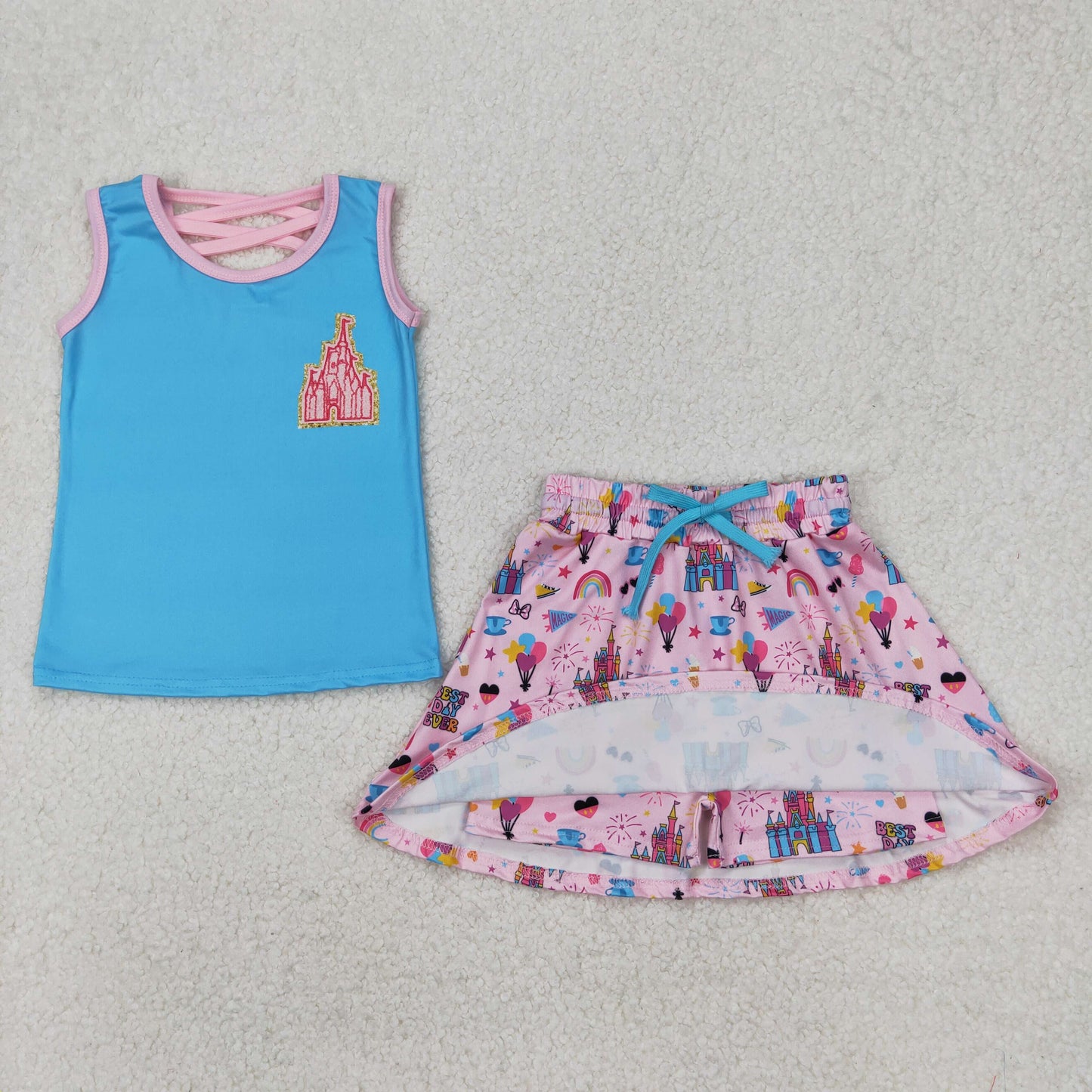 Baby Girls Blue Sleeveless Castle Top Pink Cartoon Mouse Skirt Set