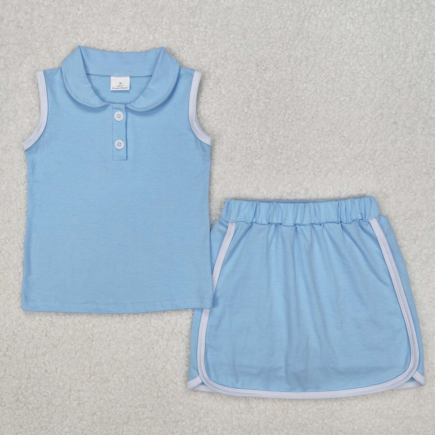 Baby Girls Blue Sleeveless Button Down Top Skirt With Short Cotton Set