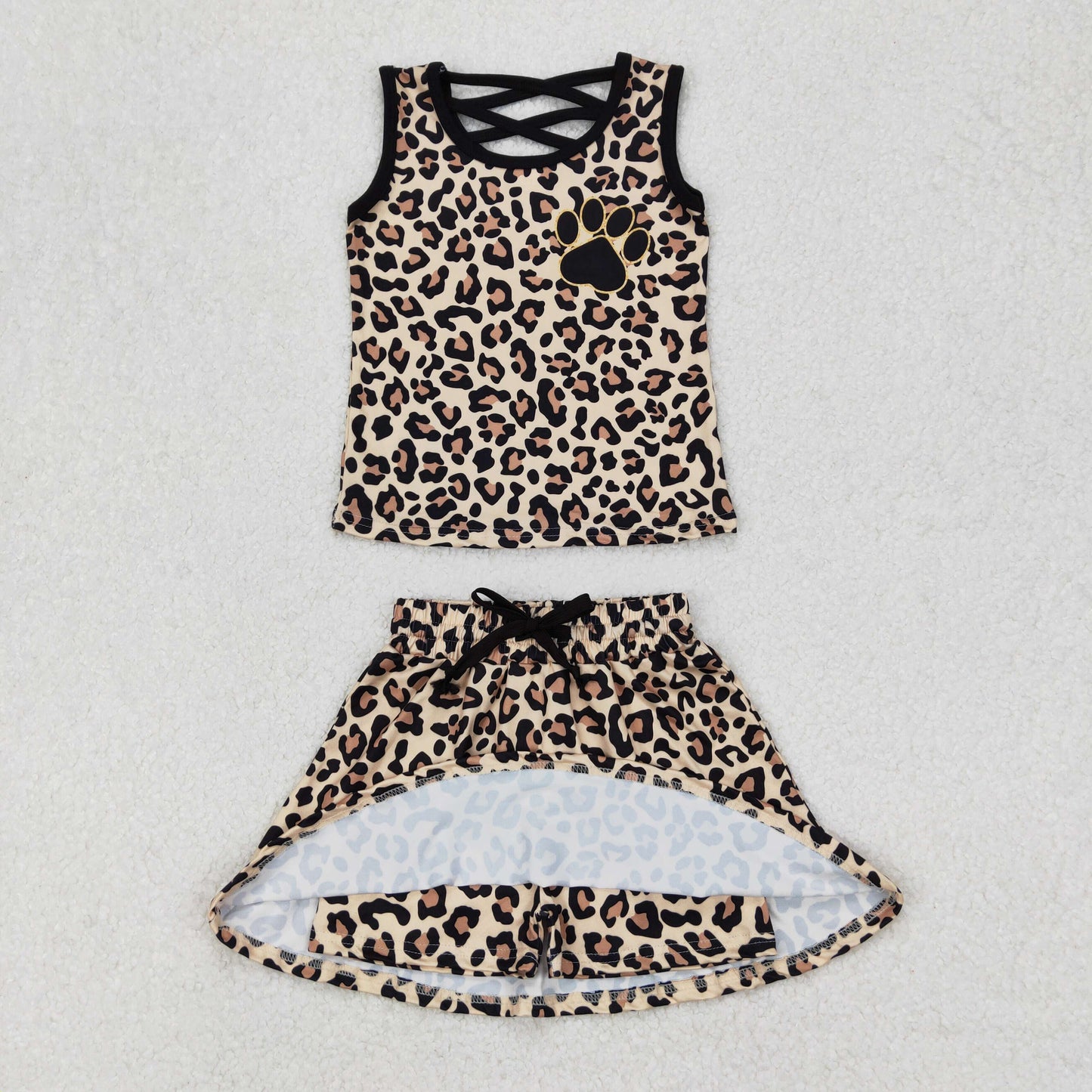 Baby Girls Black Sleeveless Paw Top Leopard Skirt Set