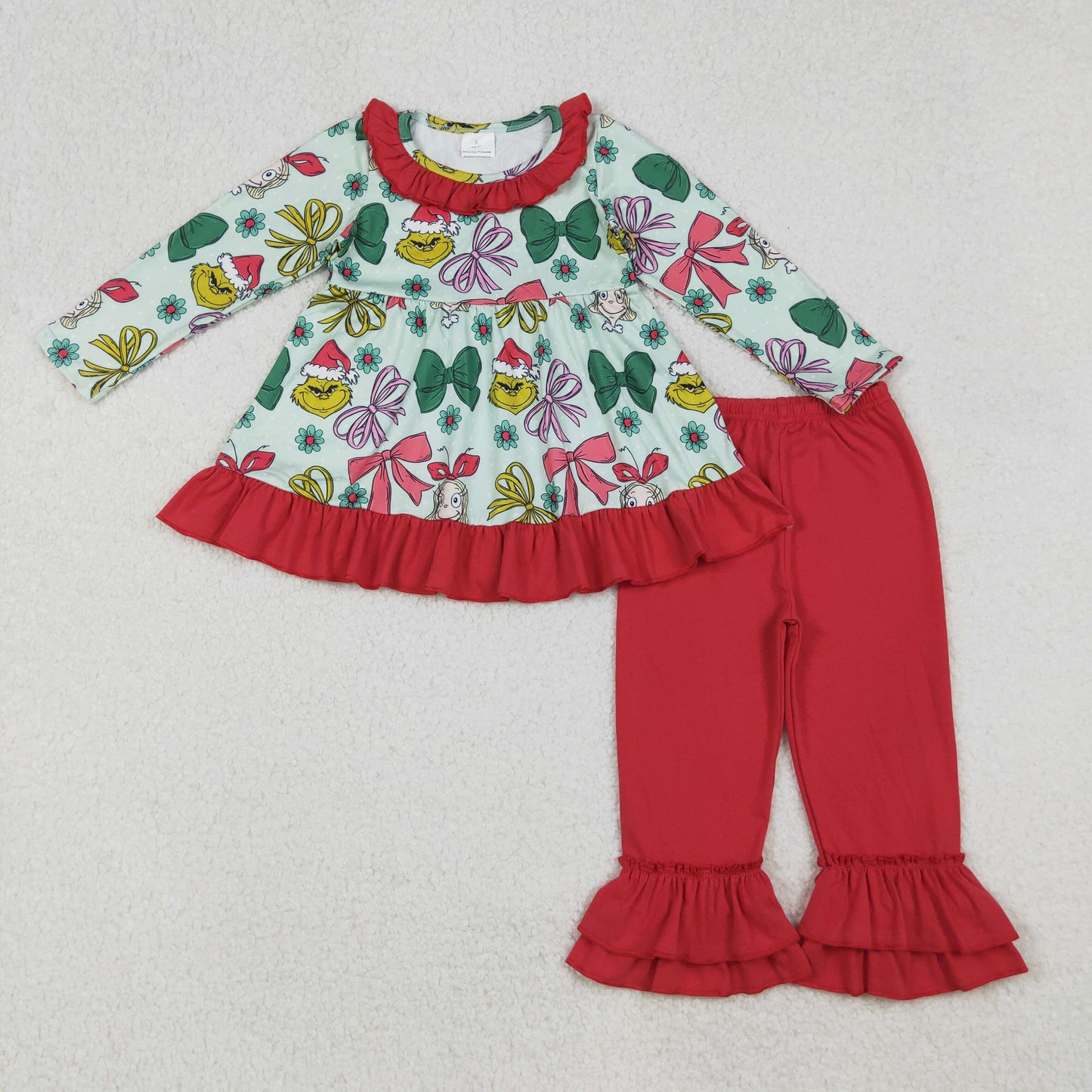 GLP2651 Kids Girls Christmas Green Fave Bow Tunic Top With Red pants Outfit