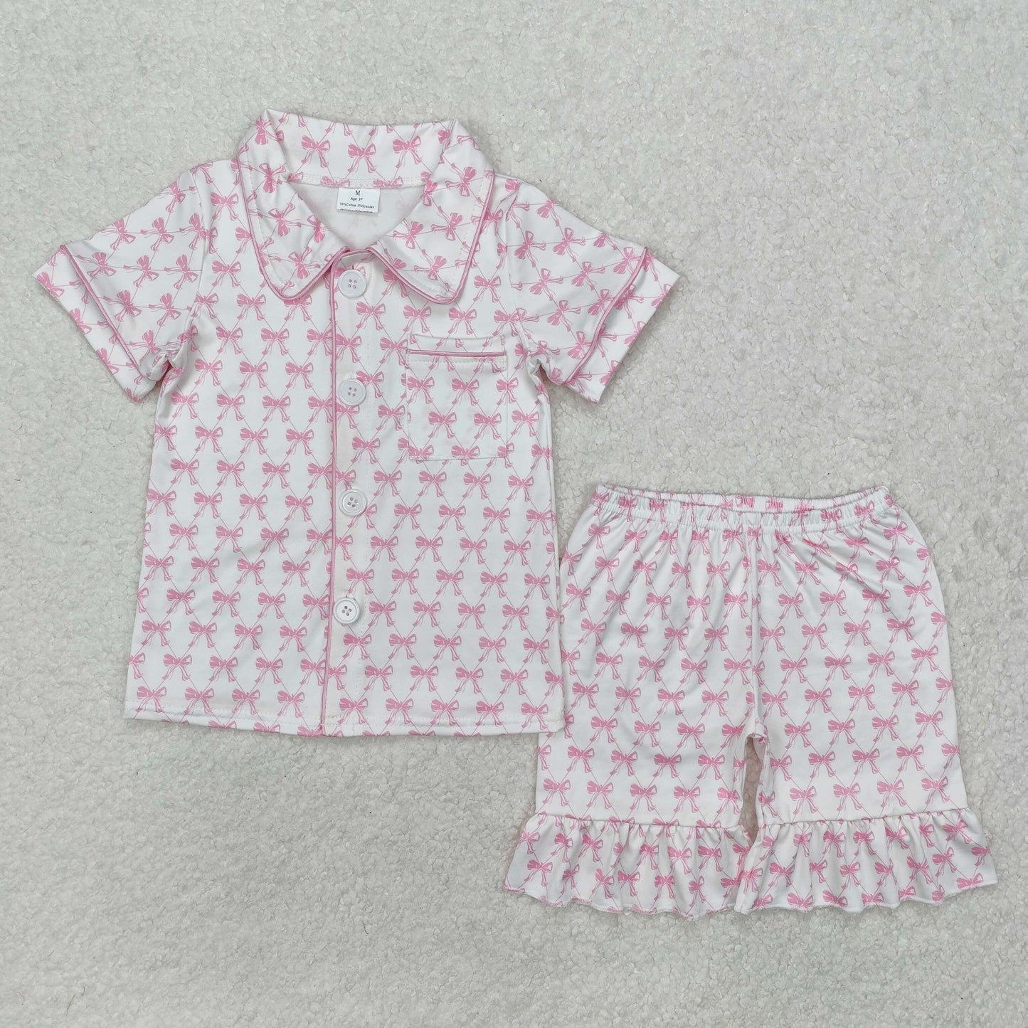Baby Girls Short Sleeves Pink Bows Button Down Pocket Top Shorts Valentines Pajamas Set
