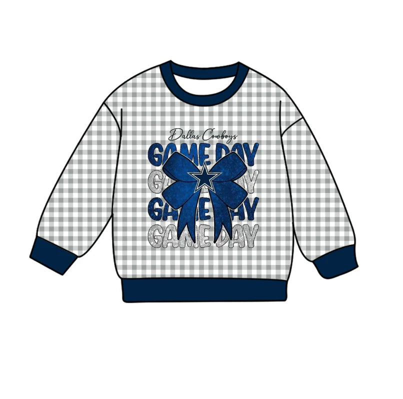 Preorder , 5 MOQ Baby Girls Sport Team Cowboy Blue Bow Grey Gingham Long Sleeve Top