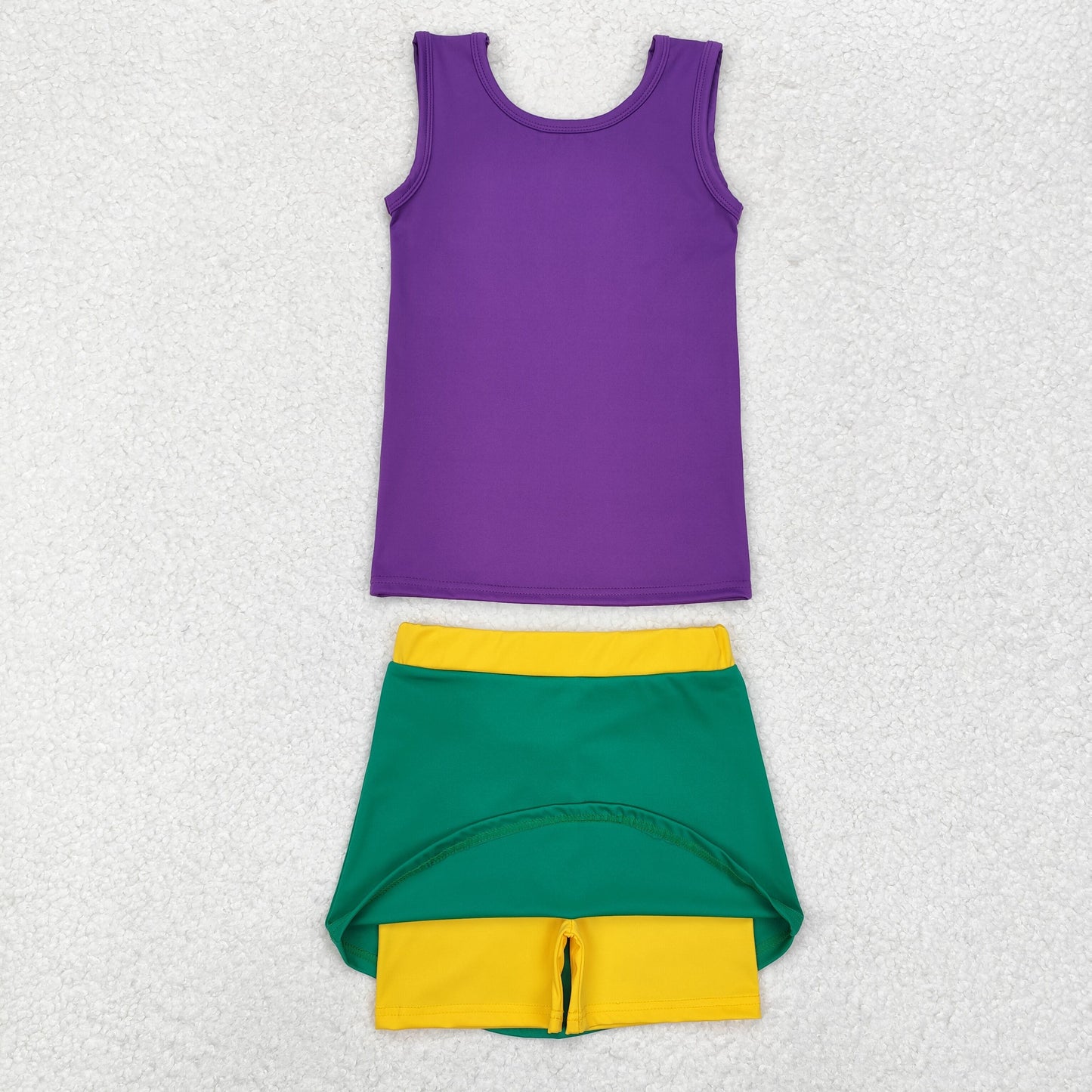 Baby Girls Mardi Gras Purple Sleeveless Top Green Skirt With Short Yoga Active Wear Set