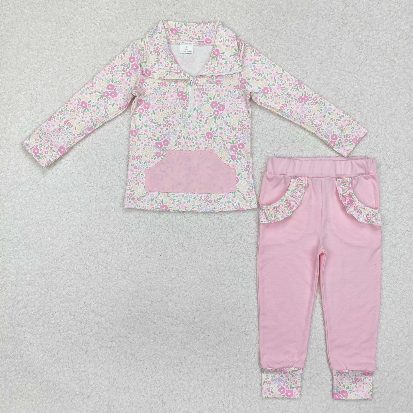 Pink floral pocket zip pullover pants girls clothing set