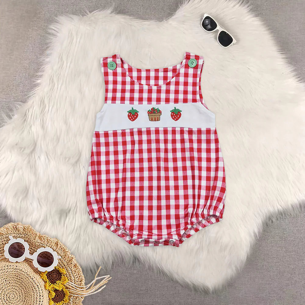 Summer Baby Boys Brother Embroidery Strawberry Shorts Set Romper