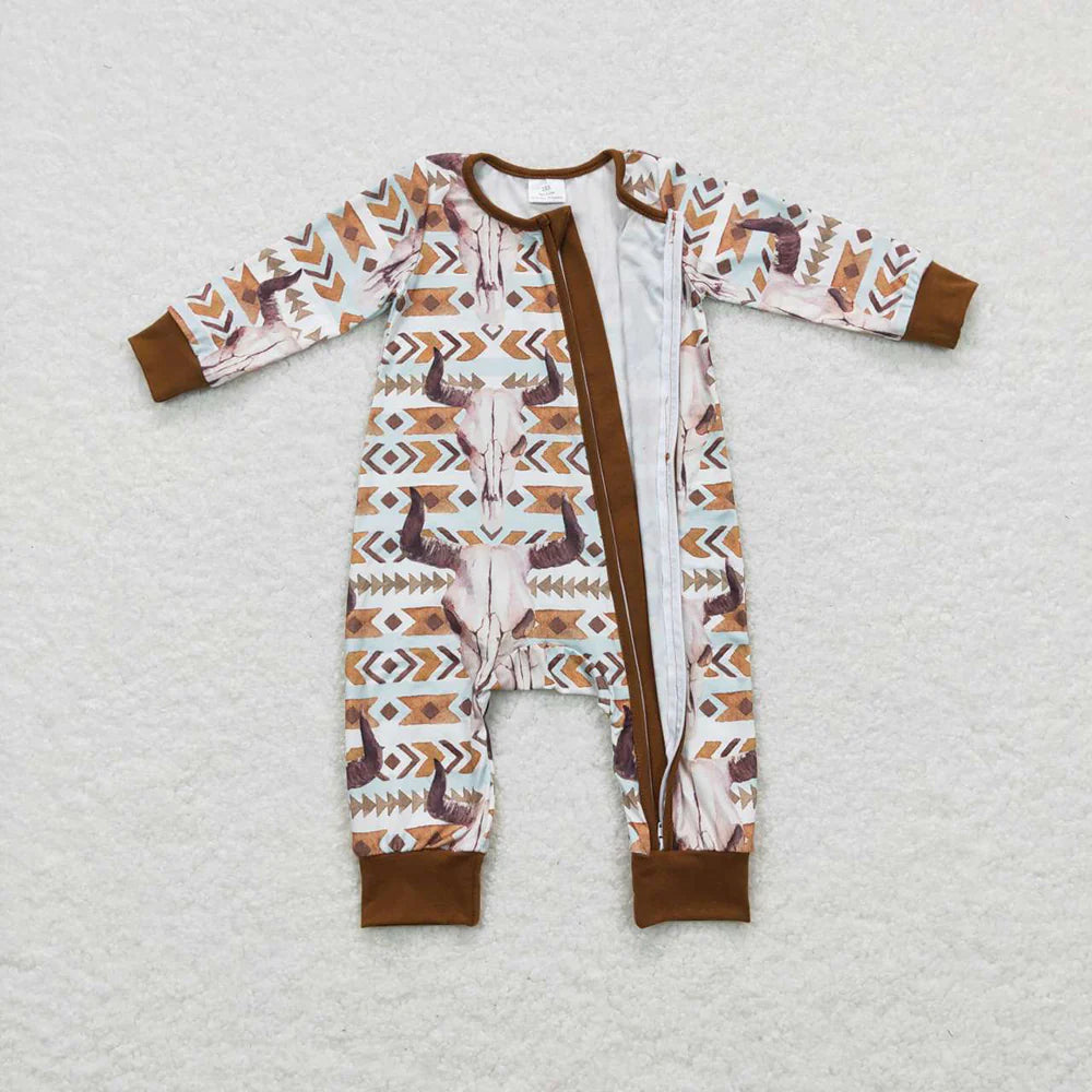 LR0674 USA Shop Baby Kids Western Cow Aztec Long Sleeve Rompers