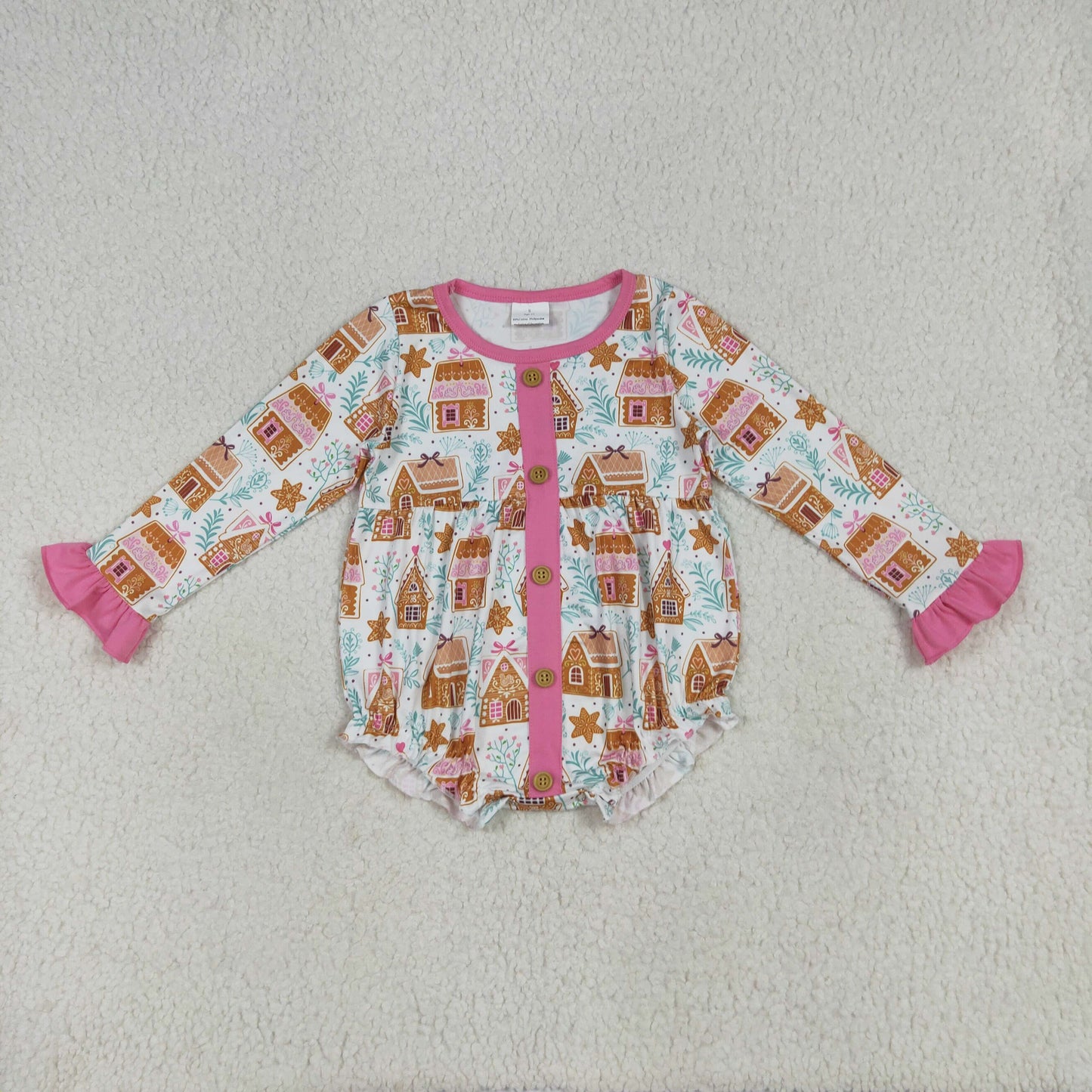 LR2282 Baby Girls Christmas Cake House Long Sleeve Bubble Romper