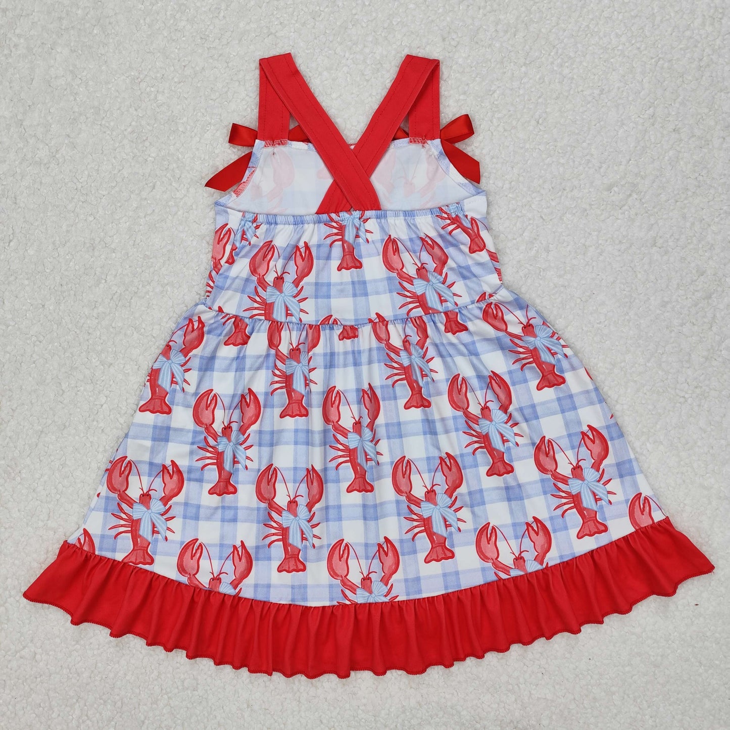 Baby Girls Red Bows Straps Blue Plaid Crayfishes Dress