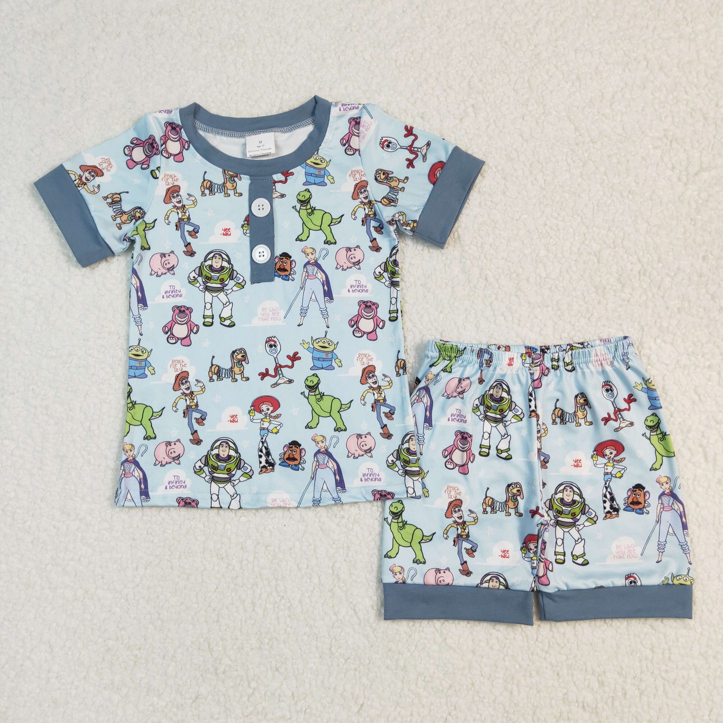 Baby Boys Blue Short Sleeves Cartoon Toy Button Down Top Short Pajamas Set