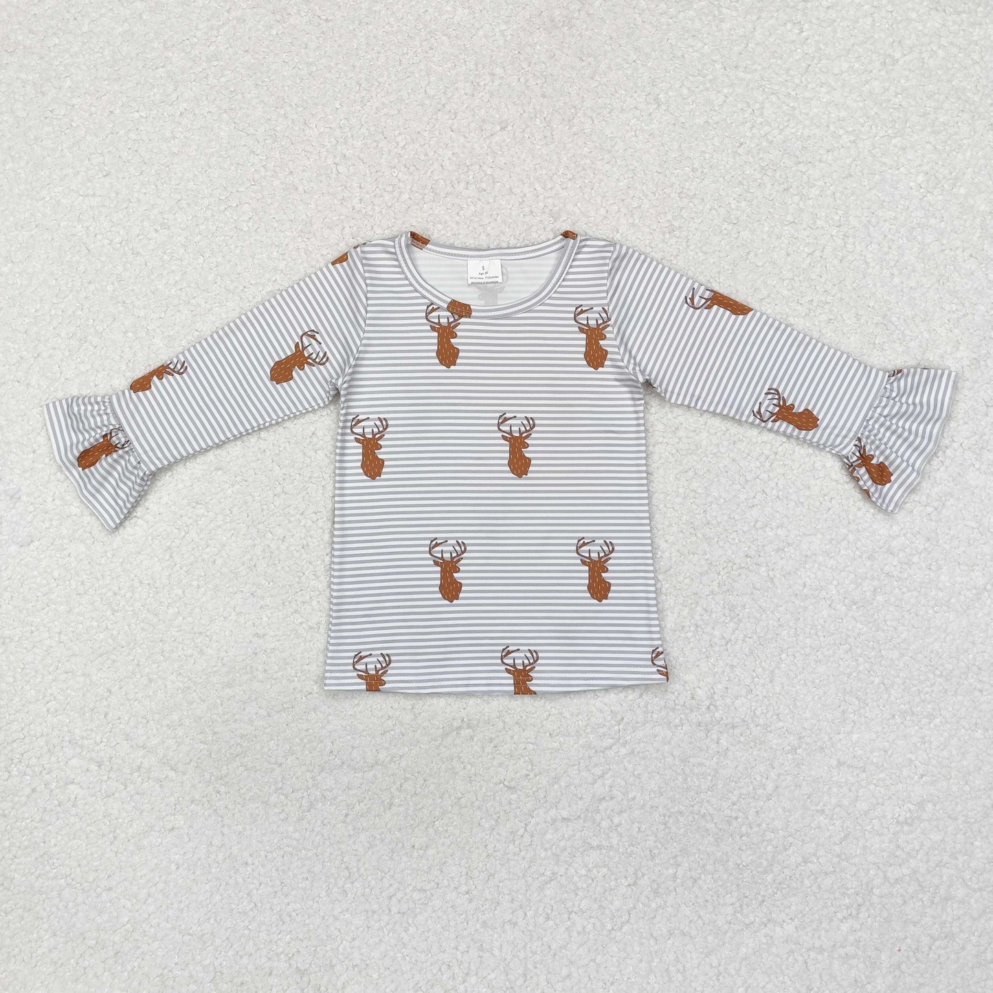 Baby Girls Deer Grey Striped Long Sleeve Top With Ruffle