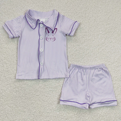 Baby Girls Purple Stripe Short Sleeves Bunny Button Down Top Shorts Easter Pajamas Set