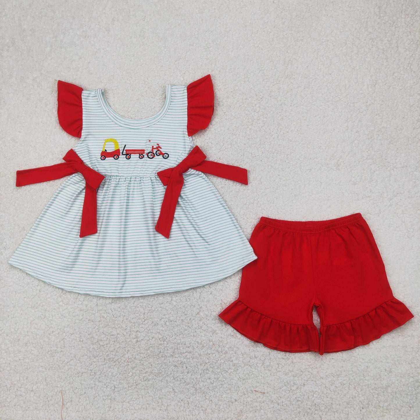 Embroidery Baby Girls Red Flutter Sleeves Trucks Bows Tunic Red Ruffle Short Set