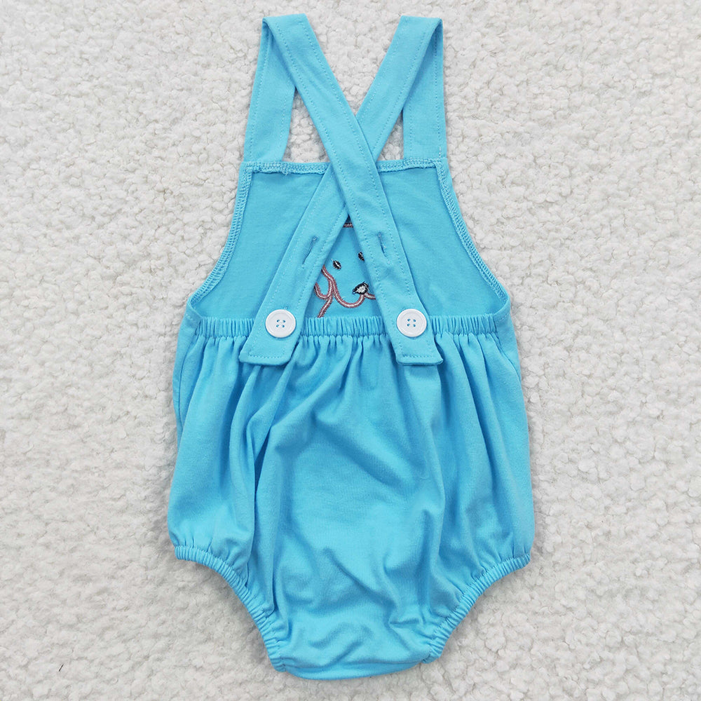 Baby Boys Blue Strap Embroidery Stripe Dog Romper