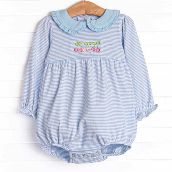 Baby Girls Cherry Blue Striped Romper 5 MOQ Preorder