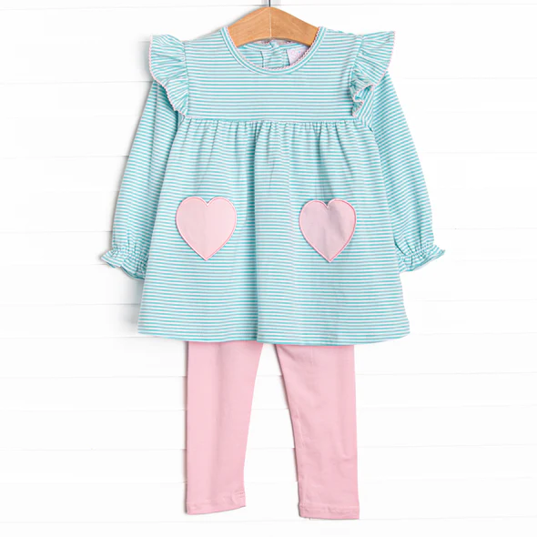 Baby Girls Aqua Stripe Long Flutter Sleeves Pink Pockets Tunic pants Set Preorder 5 MOQ