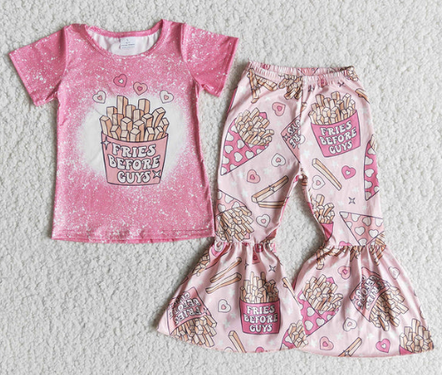 Baby Girls Pink Short Sleeves Fries before guys Top Bell Bottom Pant Set