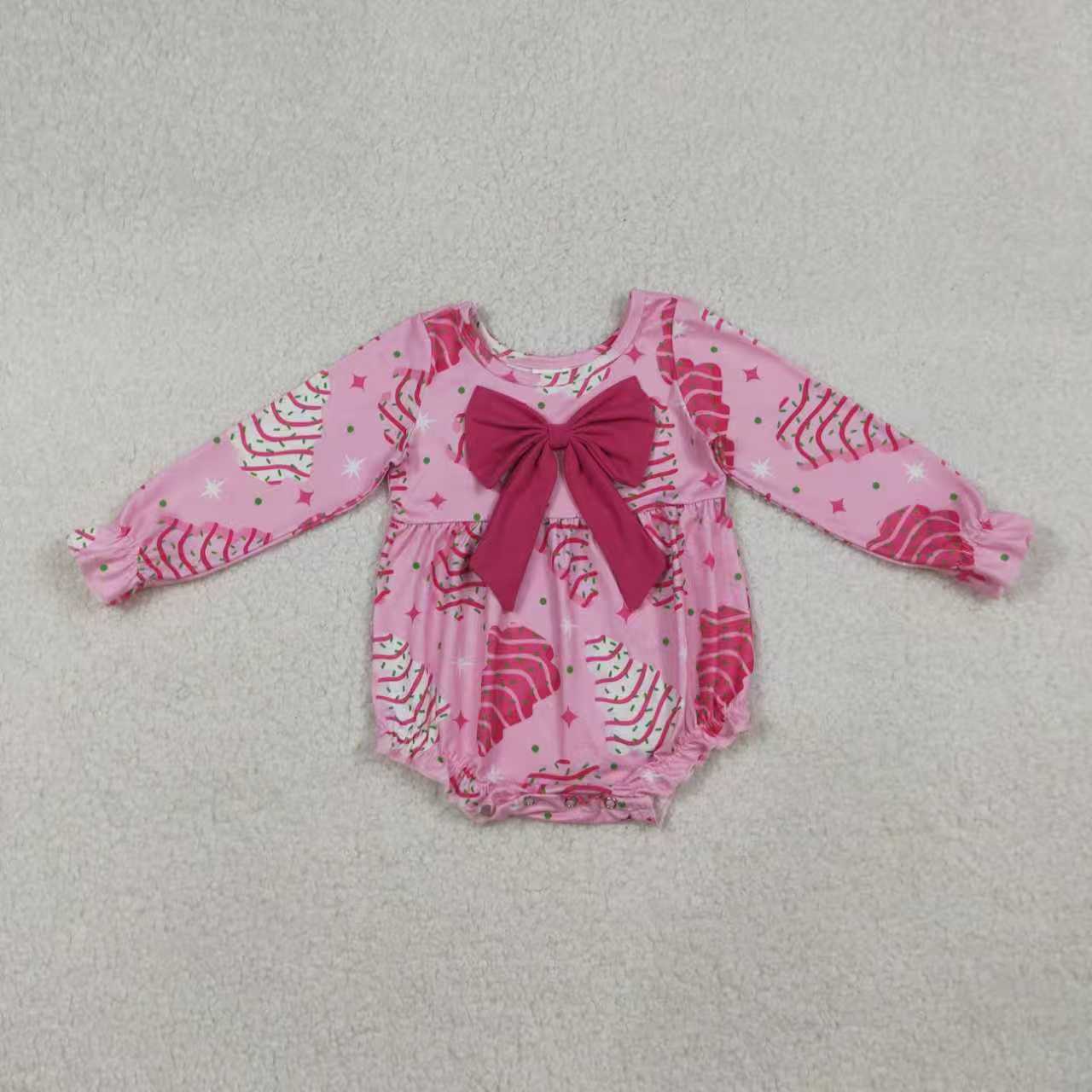 Sibling Baby Girls Christmas Tree Cake Pink Long Sleeve Dress /Romper