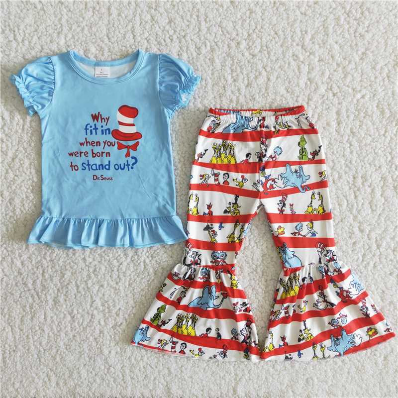 Baby Girls Blue Short Ruffle Sleeves Dr Hat Top Red Striep Bell Bottom Pant Set