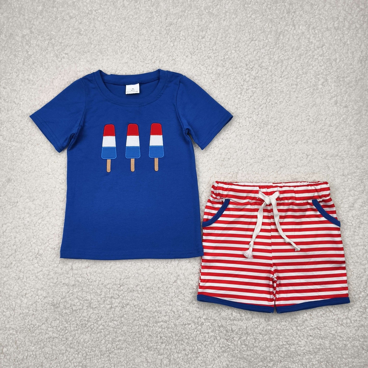 Baby Boys Hot Blue Short Sleeves Popsciles Top Red Stripe Pockets Shorts 4th Of July Set
