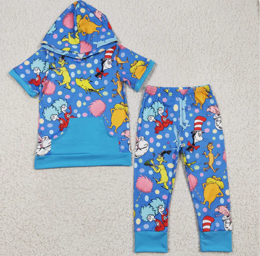 Baby Girls Blue Short Sleeves Cartoon Dr Reading Pocket Hoodie Legging Pant Set