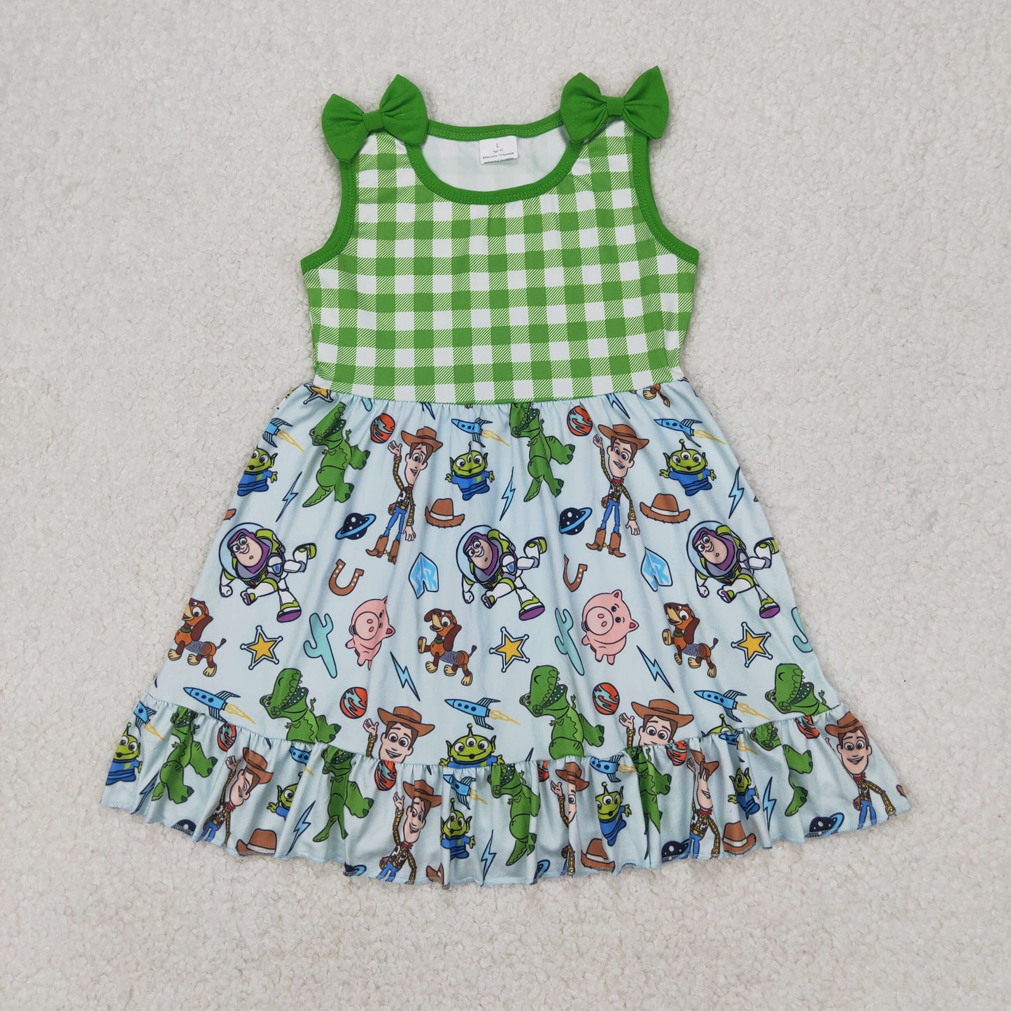 Baby Girls Green Sleeveless Plaid Cartoon Toy Dress