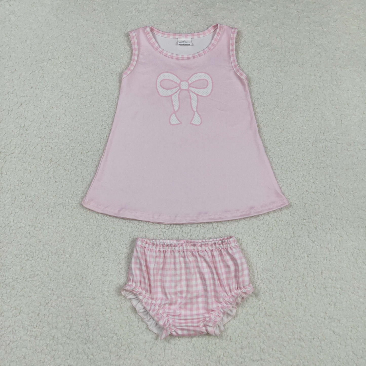 GBO0469 Baby Girls Pink Bow Sleeveless Top Gingham Bummie Set
