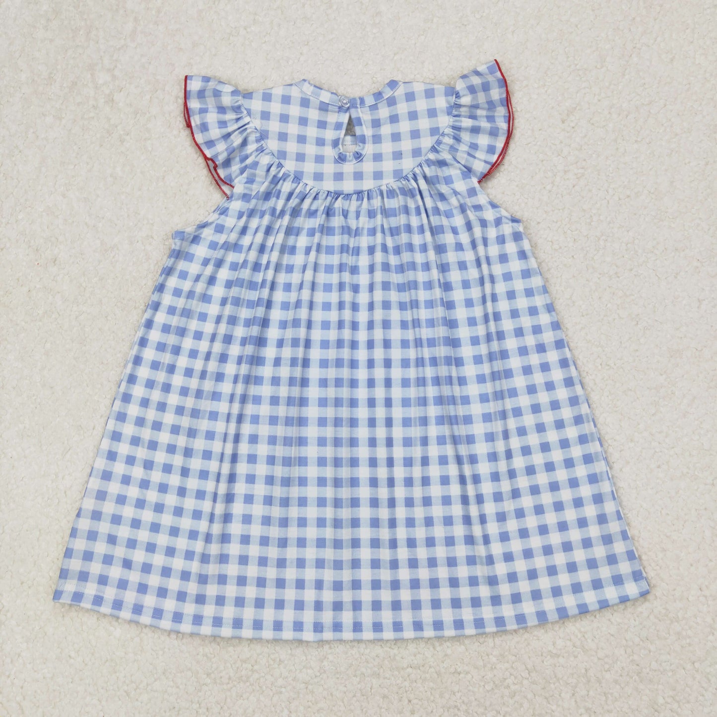 Baby Girls Flutter Sleeves Blue Plaid Embroidery Flags Top 4th Of July Dresses