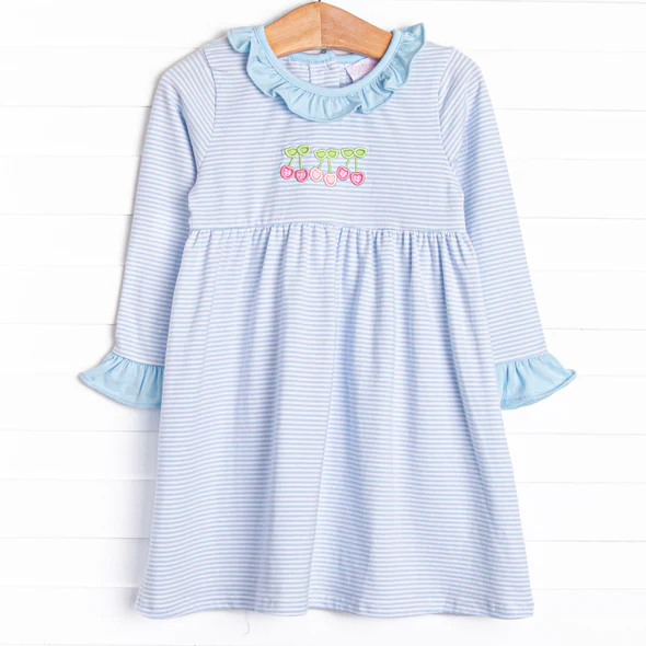 Baby Girls Cherry Blue Striped Long Sleeve Dress 5 MOQ Preorder