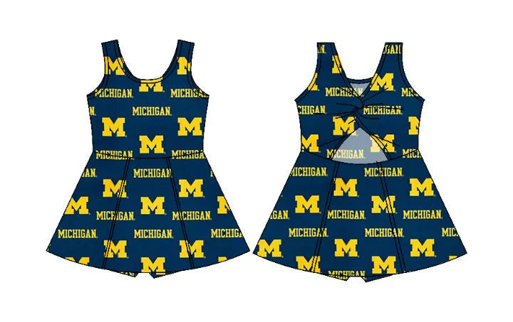 Preorder 5 MOQ, Baby Girls Sleeveless Bows Michigan Shorts Team Knee Length Dresses