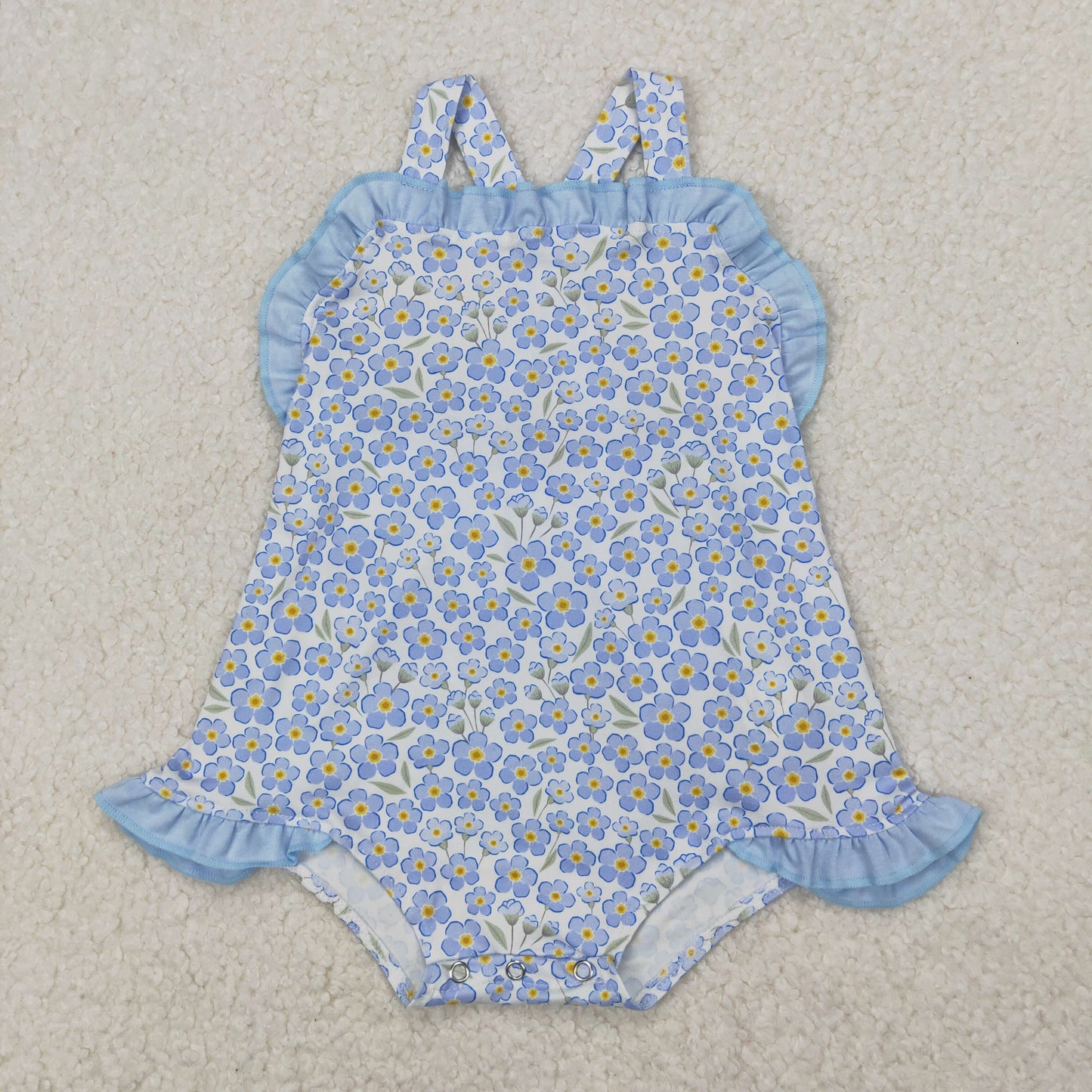 Baby Girls Blue Strap Floral Backless Bow Rompers