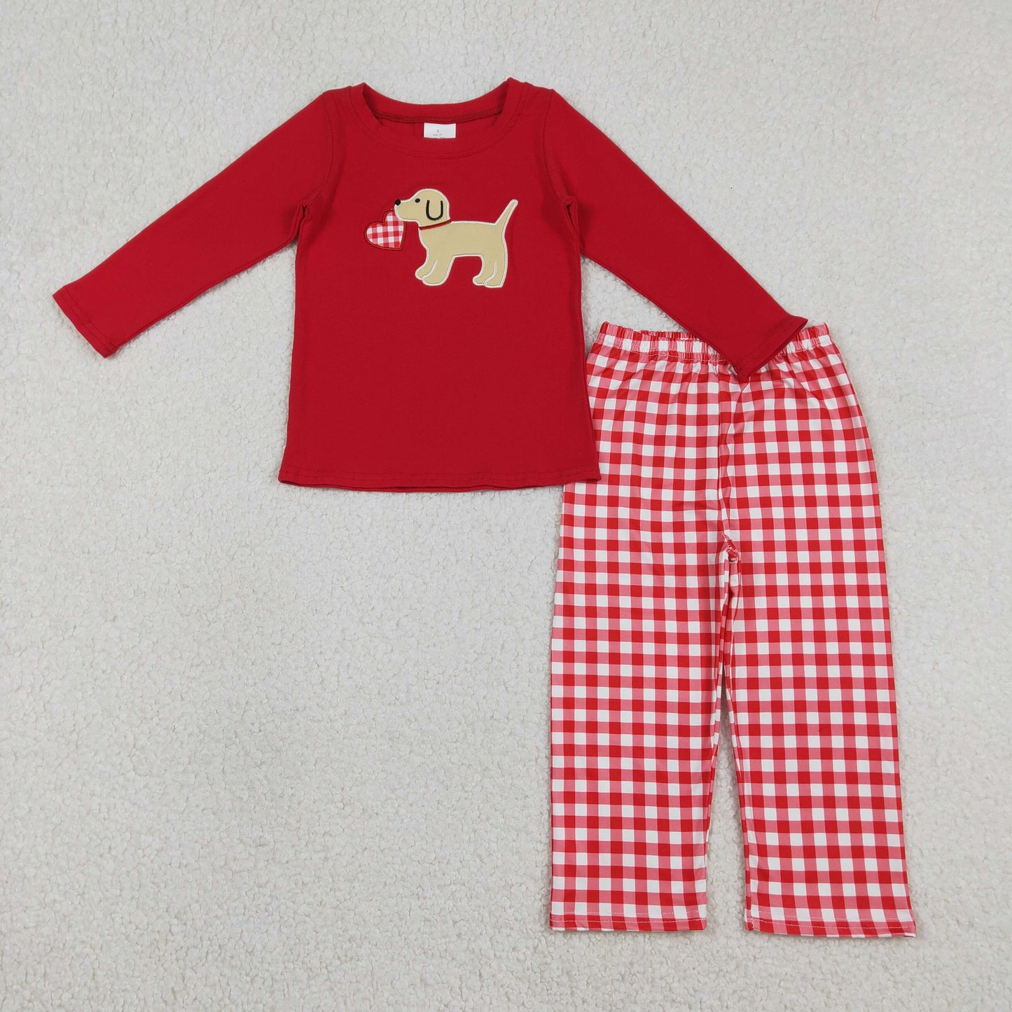 BLP1397 Baby Boys Valentine's Day Dog Top With Red Gingham Pants Outfit