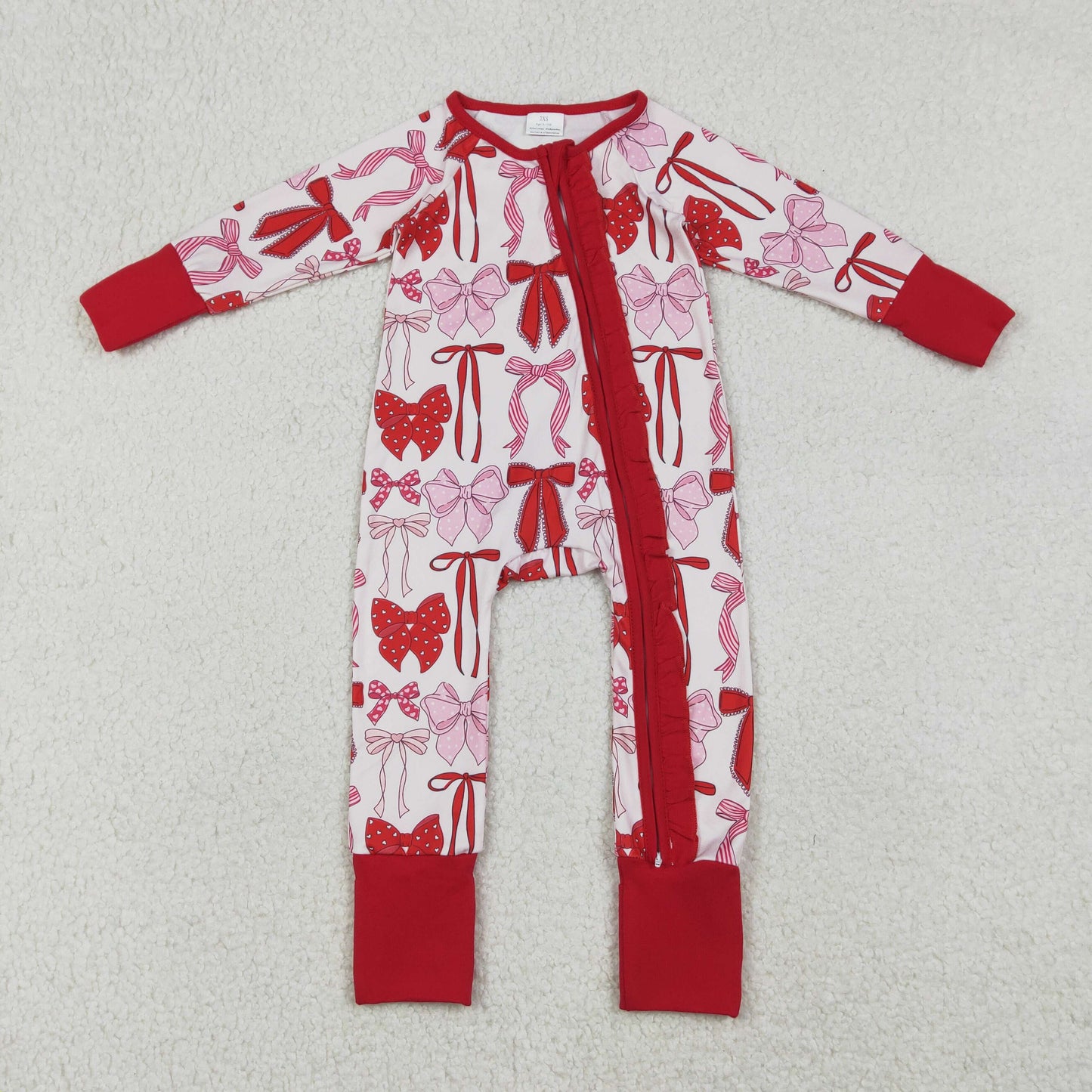 LR2780 Baby girls Valentine's Day Red Bow Long Sleeve Zipper Romper