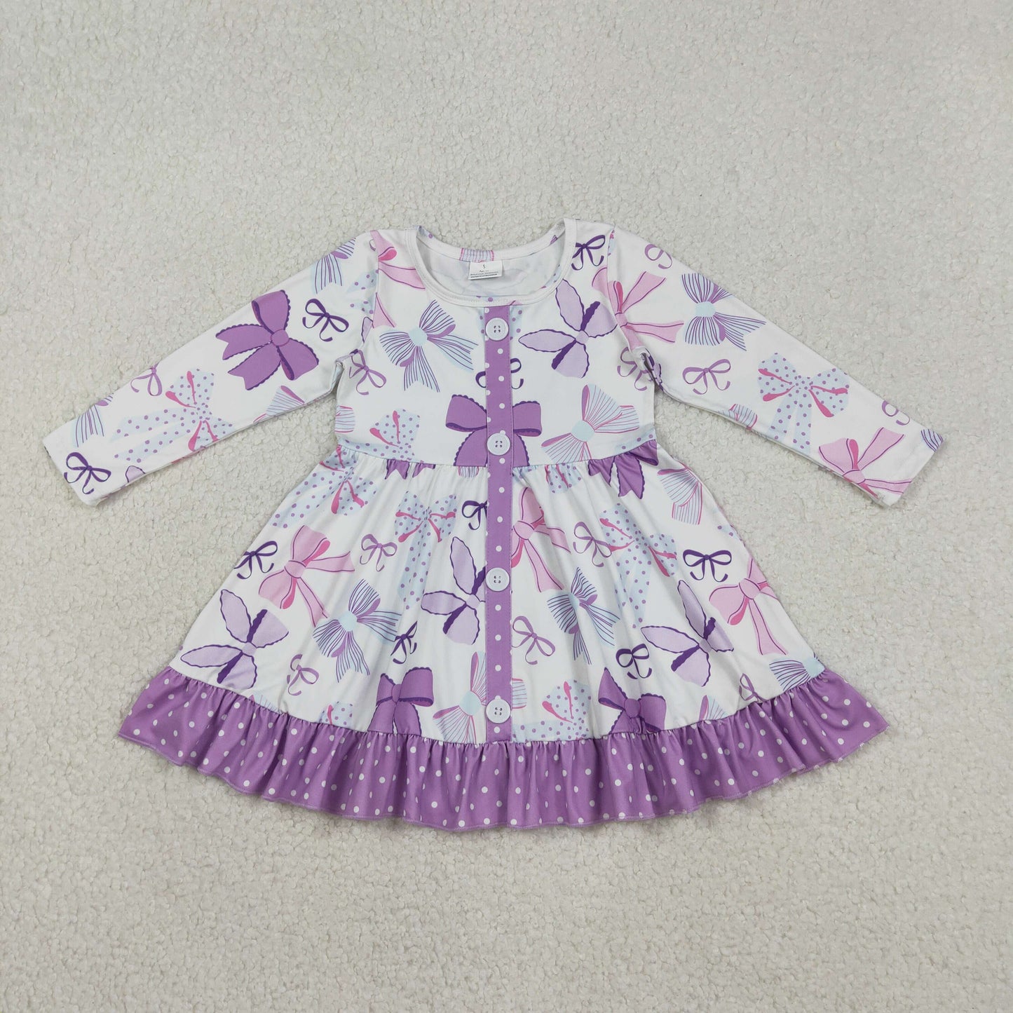 GLD1271 Kids Girls Purple Bow Long Sleeve Dress
