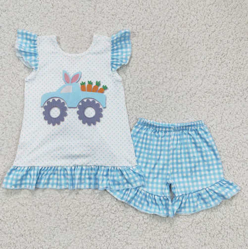 Baby Girls Blue Plaid Flutter Sleeves Truck Carrots Tunic Ruffle Shorts Easter Set