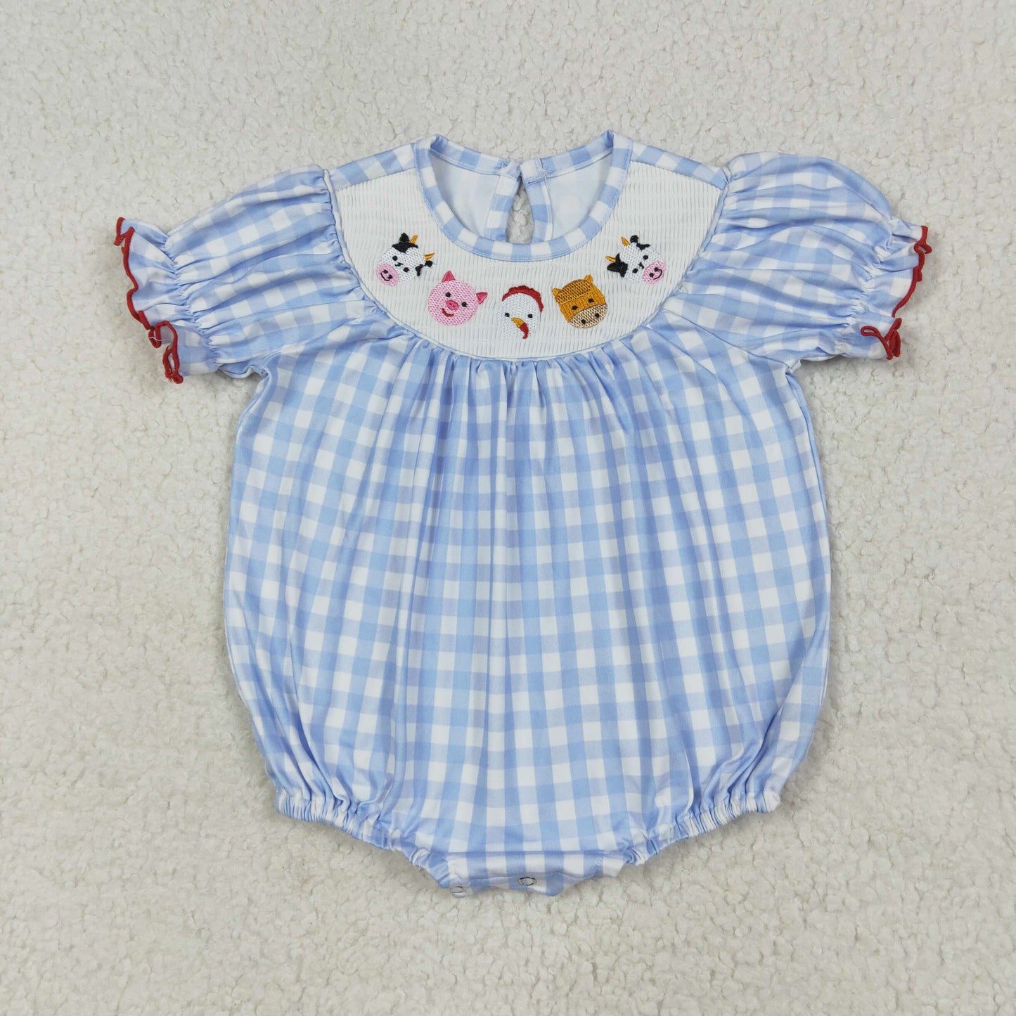 SR2981 Baby Girls Farm Friends Blue Gingham Smocked Bubble Romper