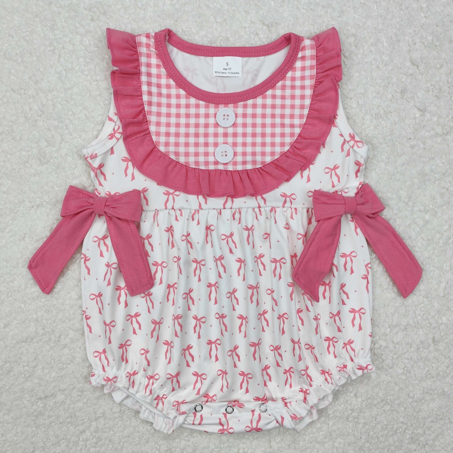 Baby Girls Pink Sleeveless Bows Print Button Down Valentines Romper