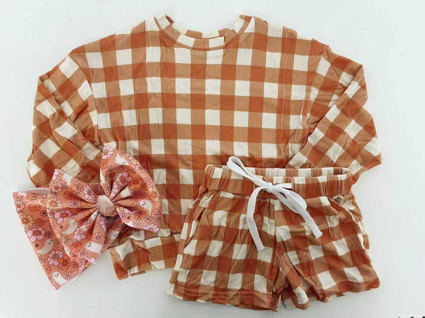 Preorder , 5 MOQ Baby Girls Orange Checled Long Sleeve Top With Shorts Set