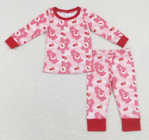 Baby Girls Pink Long Sleeves Bears Hearts Top Pant Valentines Pajamas Set